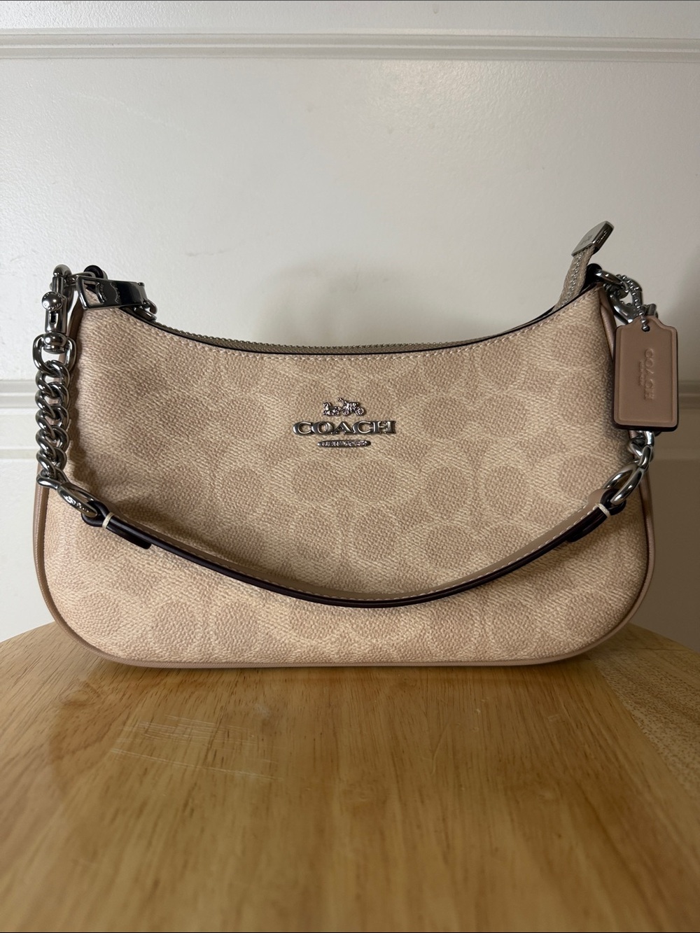 Coach Crescent Shoulder Bag in Light Beige with Silver Hardware